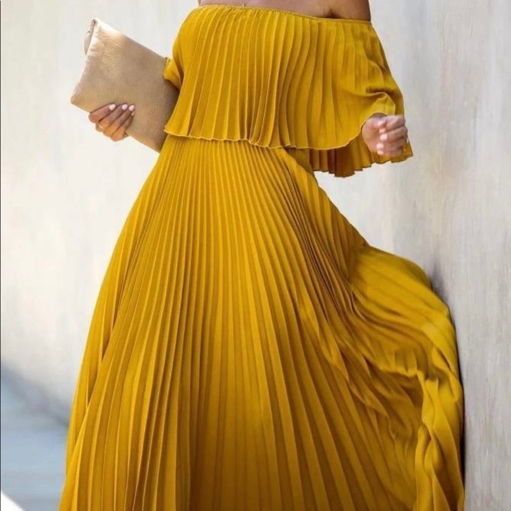 Vici Mustard Off-Shoulder Maxi Dress (great for maternity photos or bridesmaids)